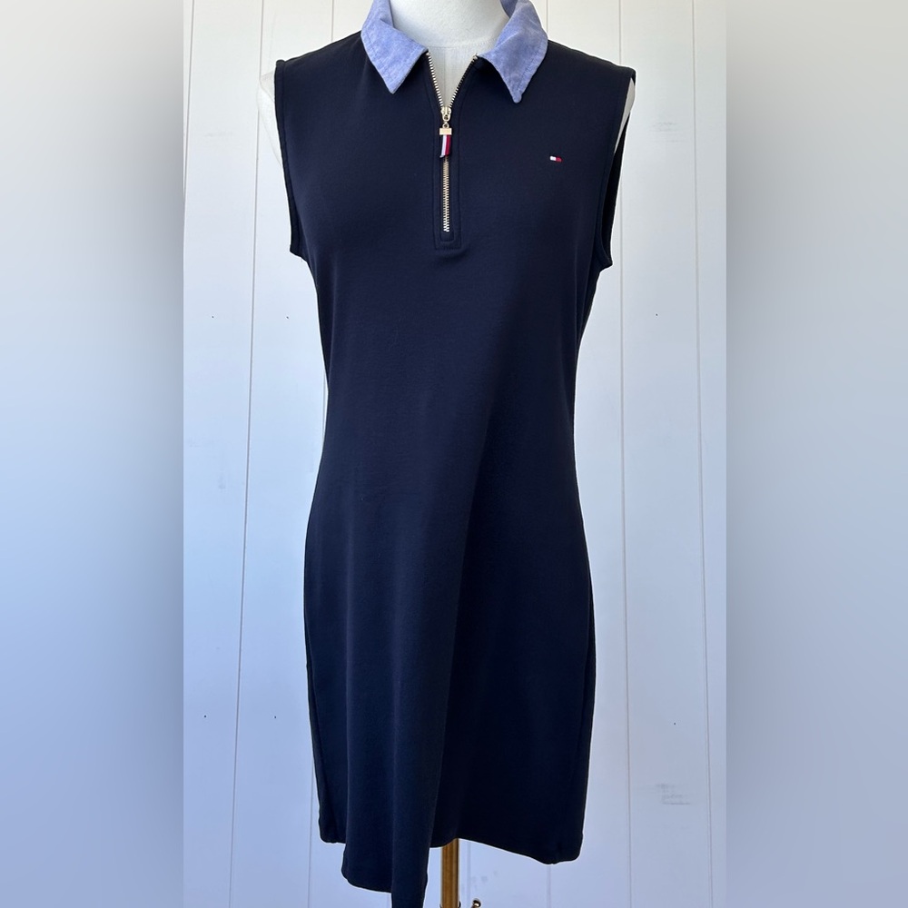 Tommy Hilfiger Navy Sleeveless Polo Mini Dress with Light Blue Collar